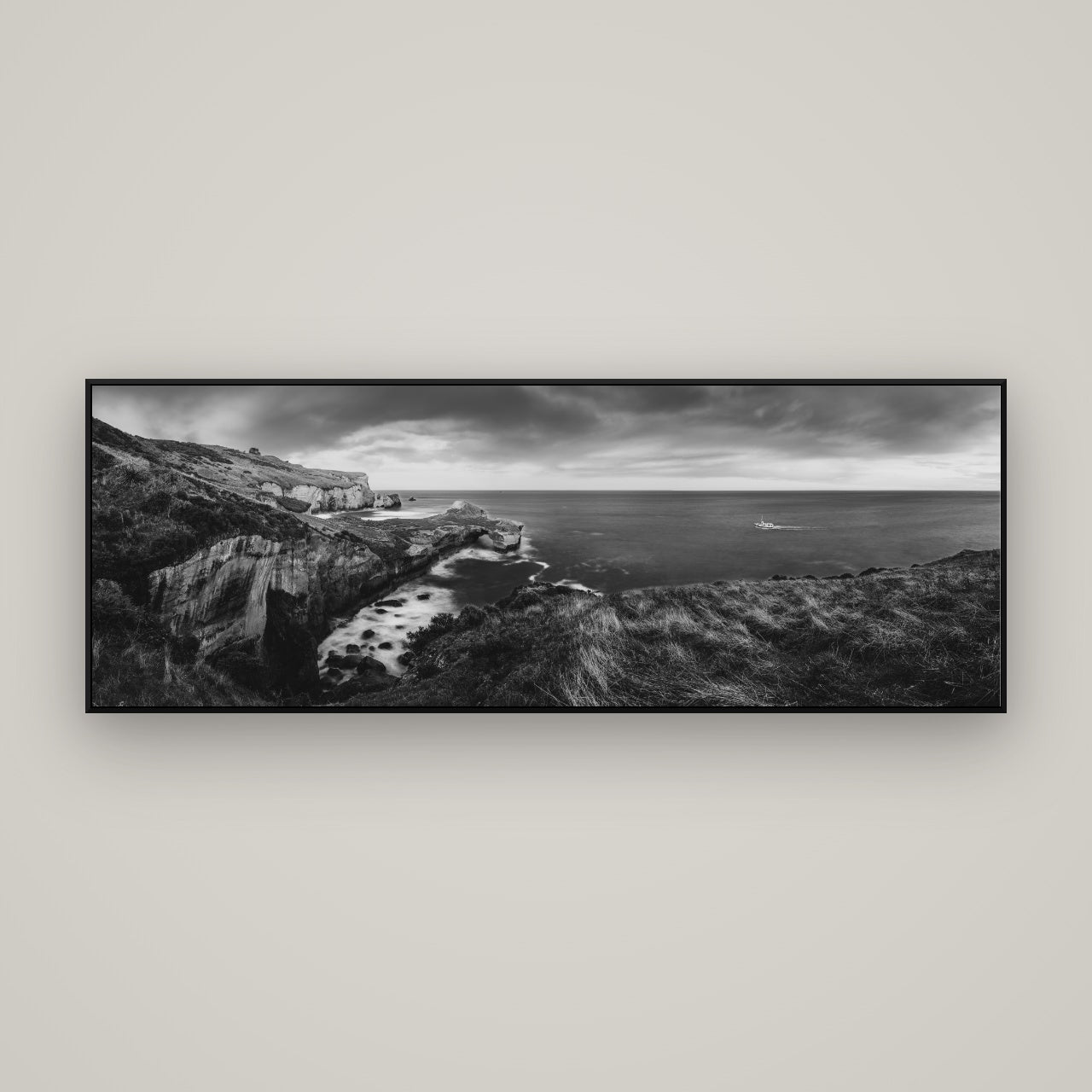 Dunedin Serenity, Tunnel Beach Sunset — ArtBox Black, 170×60 cm. New Zealand fine art wall art by Stephen Milner.