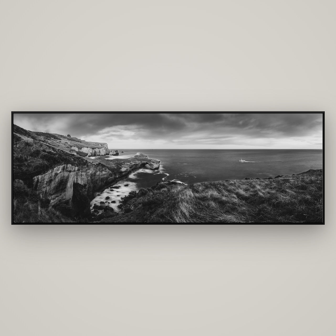 Dunedin Serenity, Tunnel Beach Sunset — ArtBox Black, 198×70 cm. New Zealand fine art wall art by Stephen Milner.