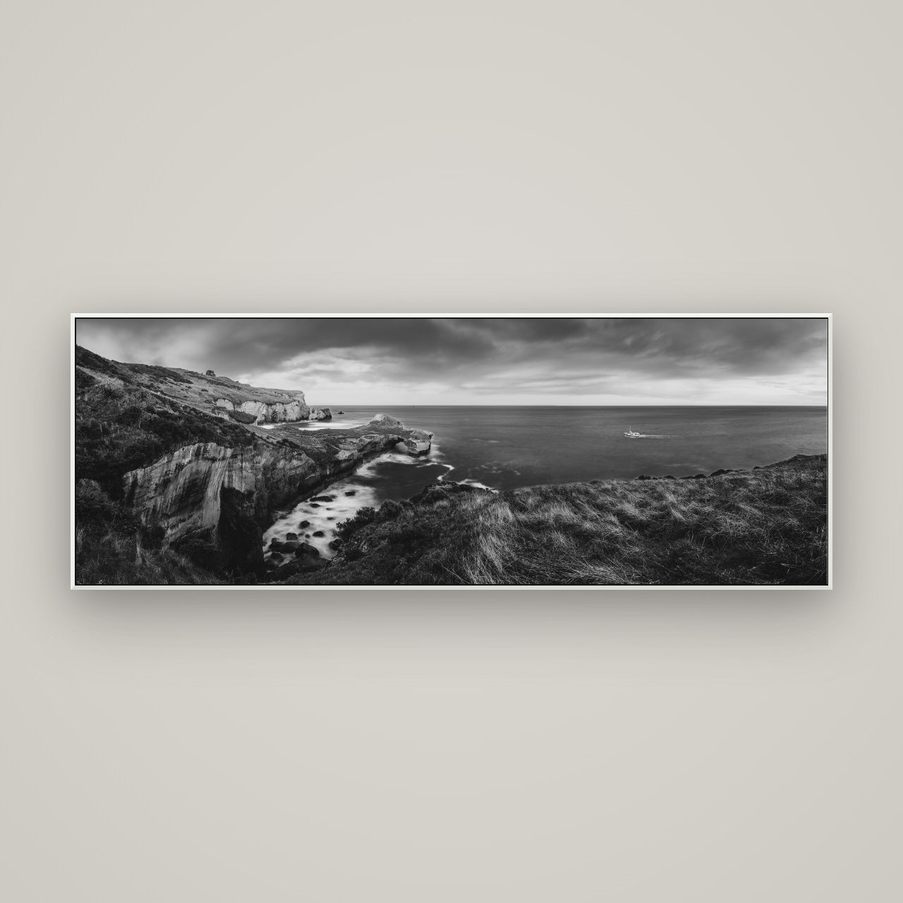 Dunedin Serenity, Tunnel Beach Sunset — ArtBox White, 170×60 cm. New Zealand fine art wall art by Stephen Milner.