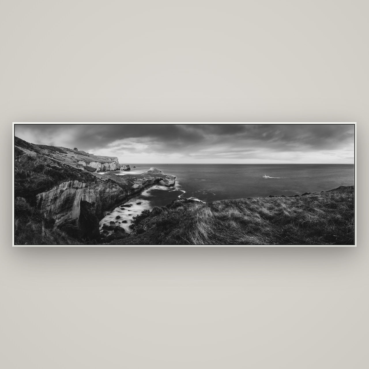 Dunedin Serenity, Tunnel Beach Sunset — ArtBox White, 198×70 cm. New Zealand fine art wall art by Stephen Milner.