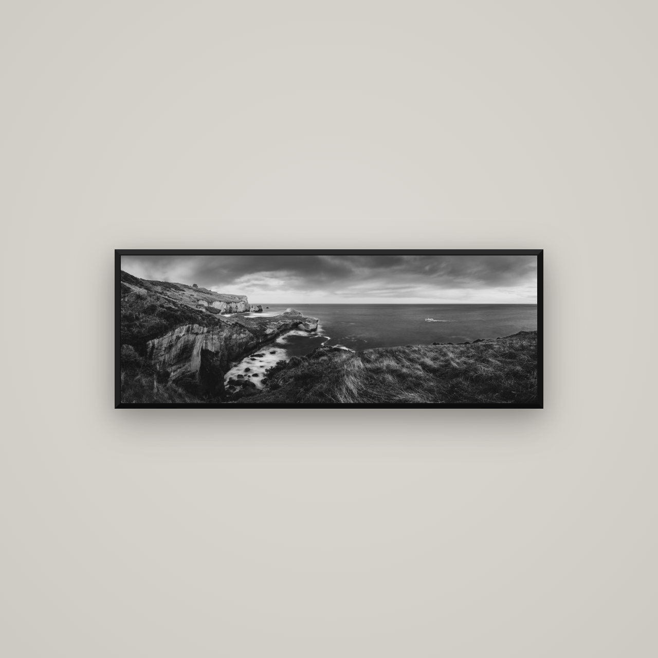 Dunedin Serenity, Tunnel Beach Sunset — Basel Black Matte, 113×40 cm. New Zealand fine art wall art by Stephen Milner.