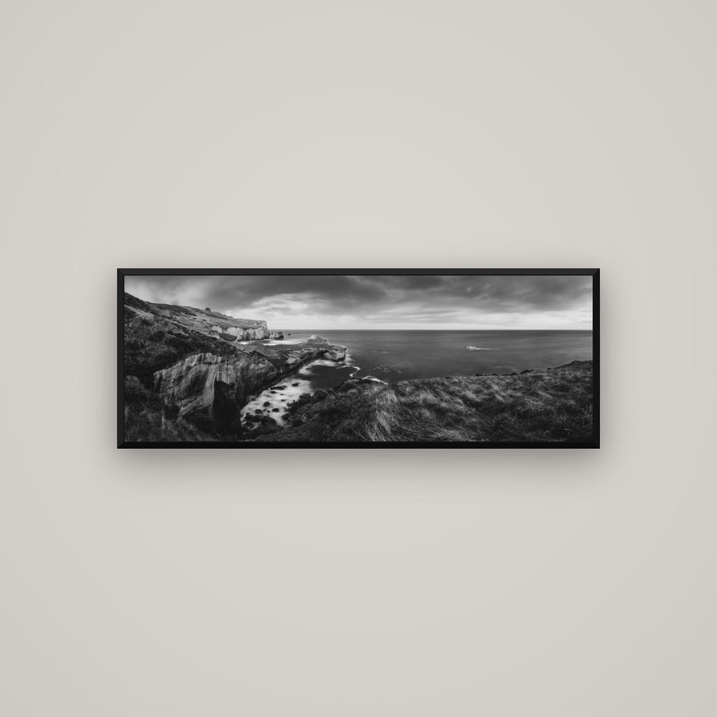 Dunedin Serenity, Tunnel Beach Sunset — Basel Black Matte, 113×40 cm. New Zealand fine art wall art by Stephen Milner.