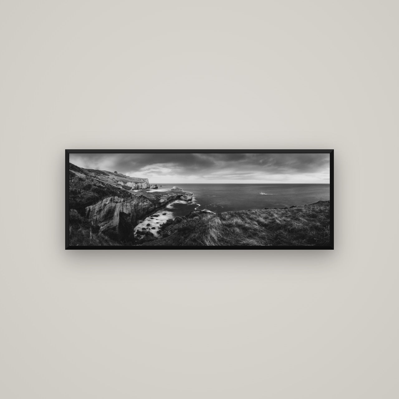 Dunedin Serenity, Tunnel Beach Sunset — Basel Black, 113×40 cm. New Zealand fine art wall art by Stephen Milner.