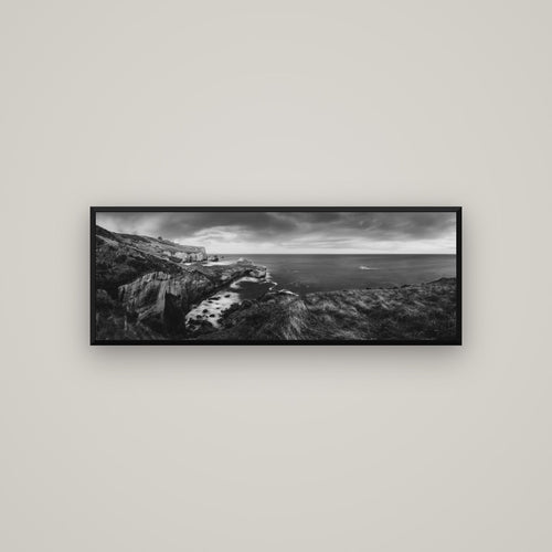 Dunedin Serenity, Tunnel Beach Sunset — Basel Black, 113×40 cm. New Zealand fine art wall art by Stephen Milner.
