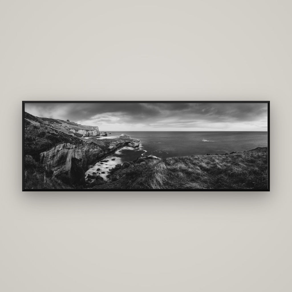 Dunedin Serenity, Tunnel Beach Sunset — Basel Black Matte, 170×60 cm. New Zealand fine art wall art by Stephen Milner.