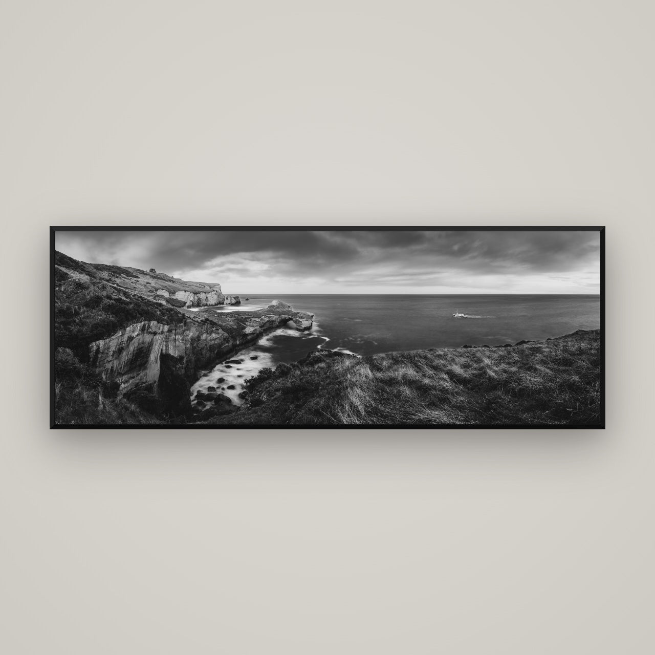 Dunedin Serenity, Tunnel Beach Sunset — Basel Black, 170×60 cm. New Zealand fine art wall art by Stephen Milner.