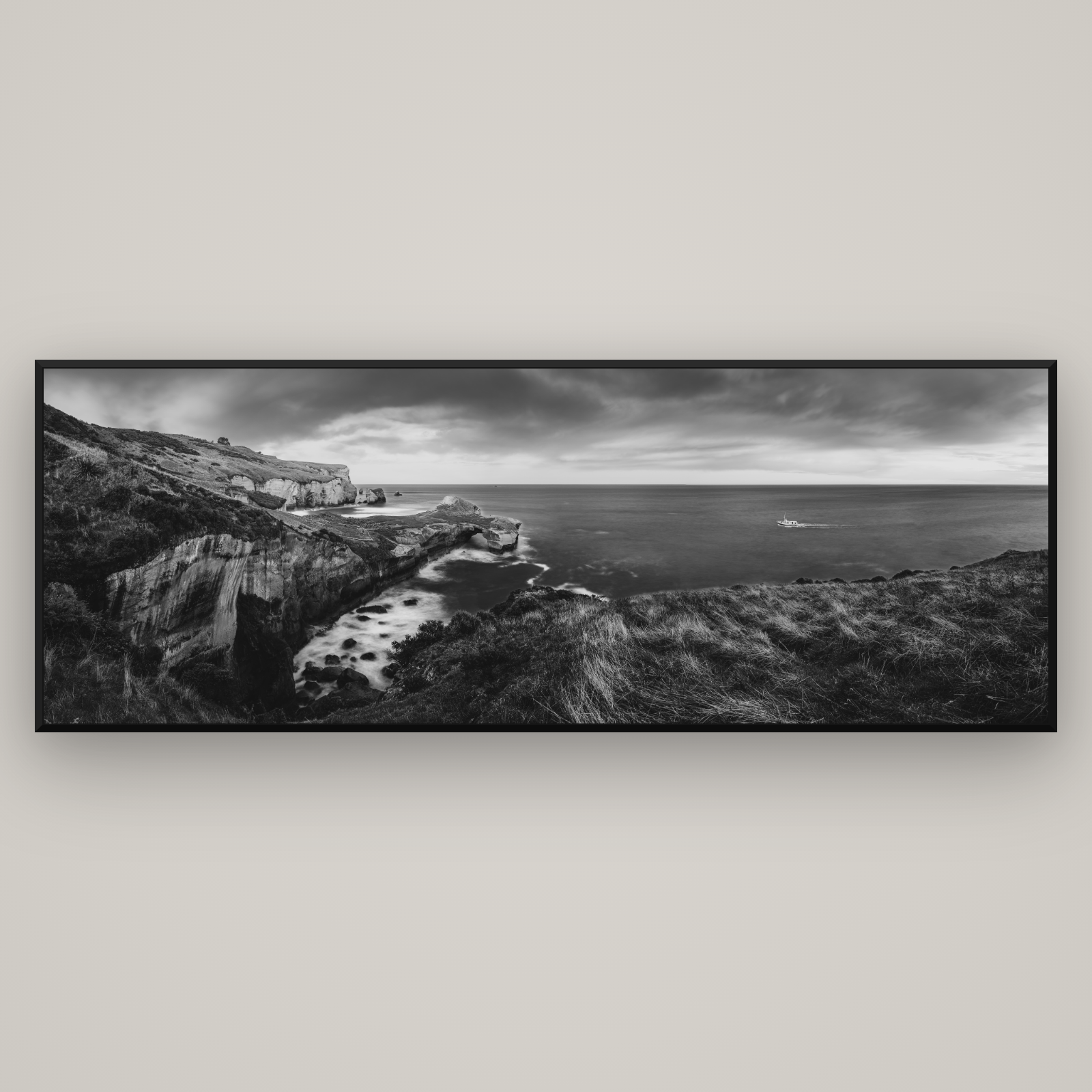 Dunedin Serenity, Tunnel Beach Sunset — Basel Black Matte, 198×70 cm. New Zealand fine art wall art by Stephen Milner.