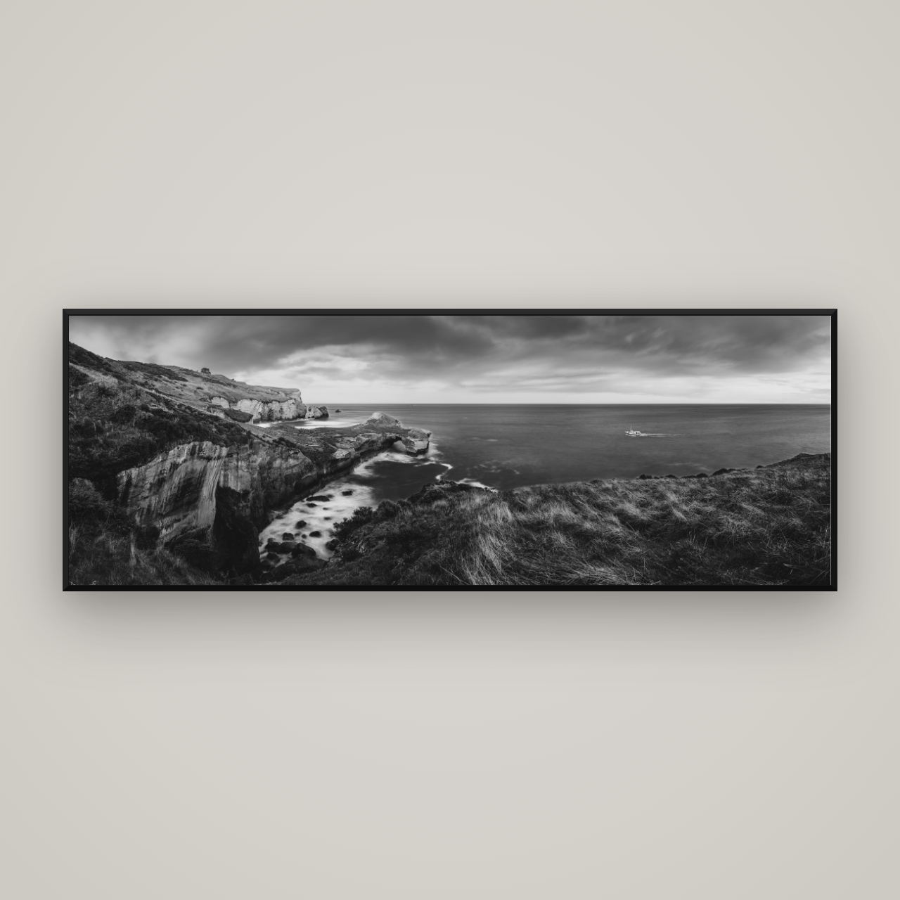 Dunedin Serenity, Tunnel Beach Sunset — Basel Black Matte, 198×70 cm. New Zealand fine art wall art by Stephen Milner.