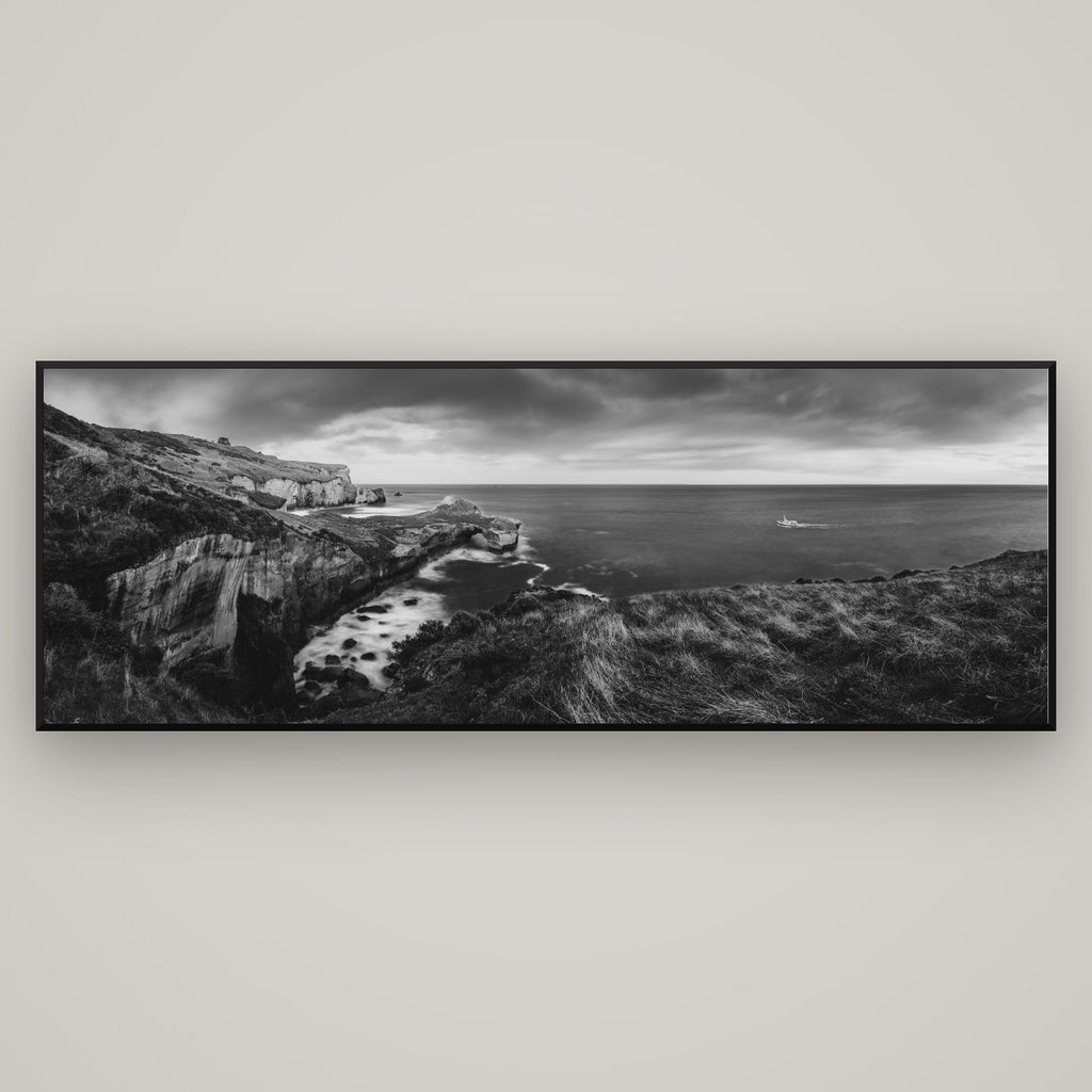 Dunedin Serenity, Tunnel Beach Sunset — Basel Black Matte, 198×70 cm. New Zealand fine art wall art by Stephen Milner.