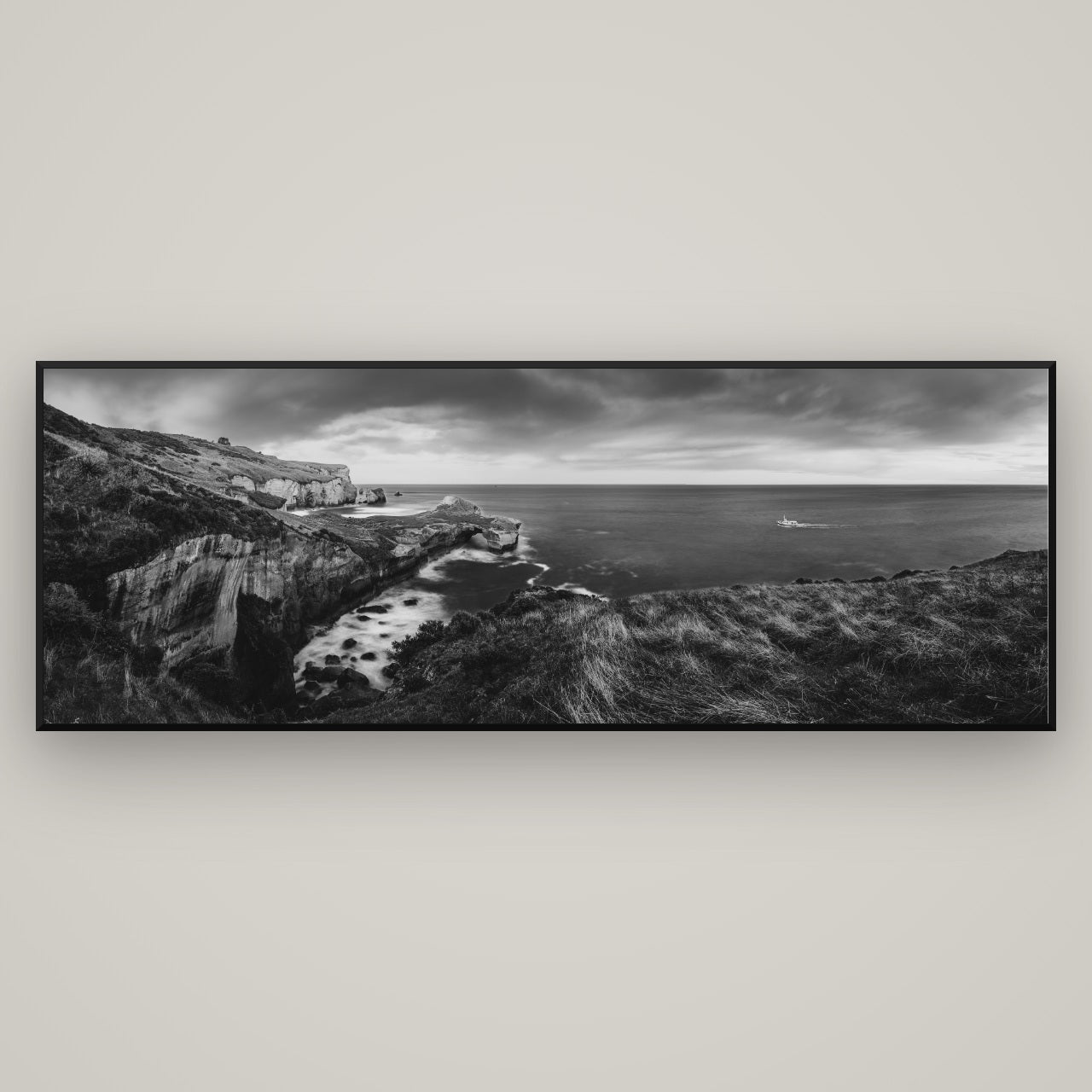 Dunedin Serenity, Tunnel Beach Sunset — Basel Black, 198×70 cm. New Zealand fine art wall art by Stephen Milner.