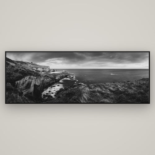 Dunedin Serenity, Tunnel Beach Sunset — Basel Black, 198×70 cm. New Zealand fine art wall art by Stephen Milner.
