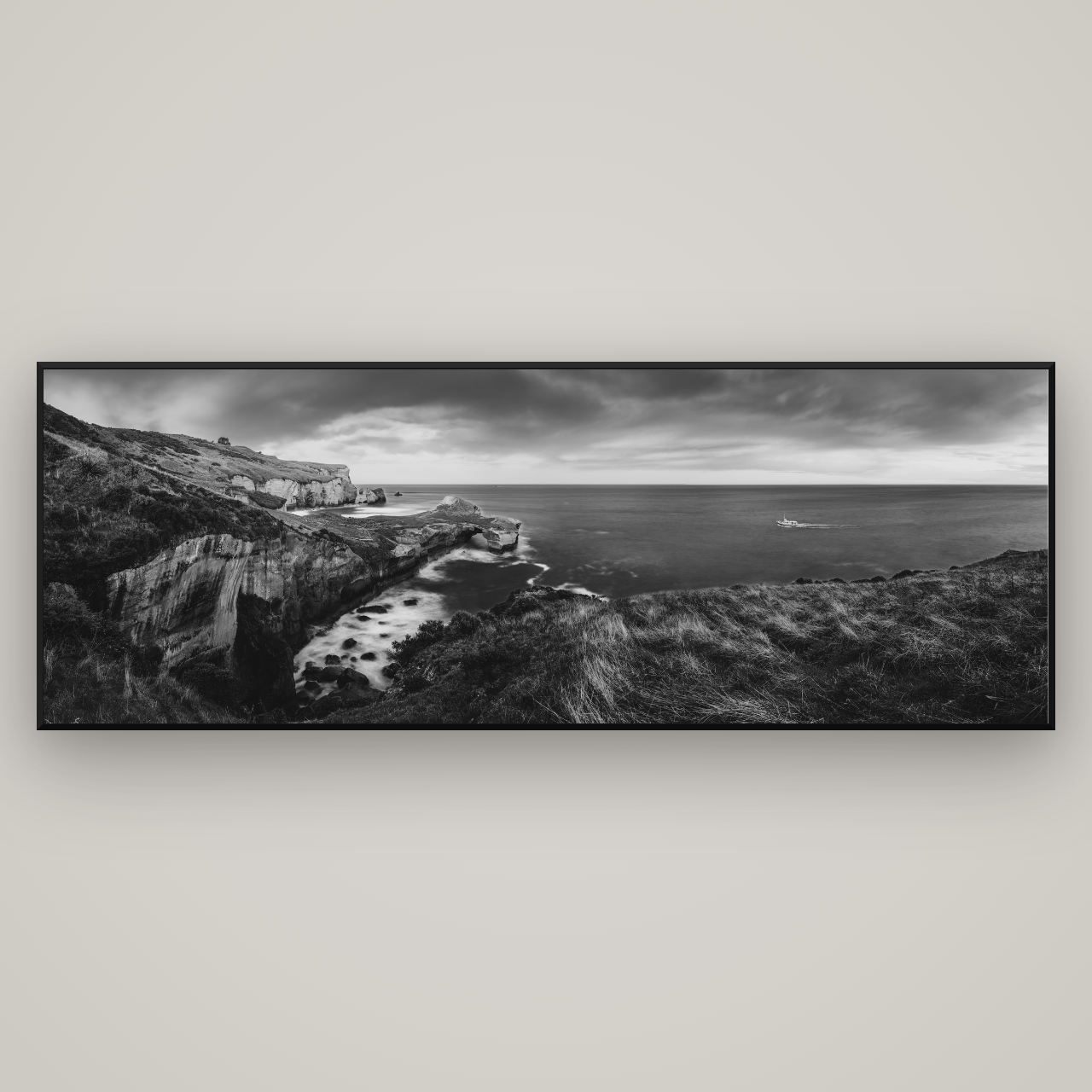 Dunedin Serenity, Tunnel Beach Sunset — Basel Black Matte, 227×80 cm. New Zealand fine art wall art by Stephen Milner.