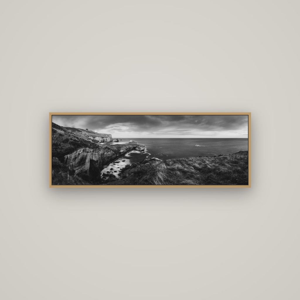 Dunedin Serenity, Tunnel Beach Sunset, Basel Natural Oak, 113×40 cm. New Zealand fine art wall art by Stephen Milner.