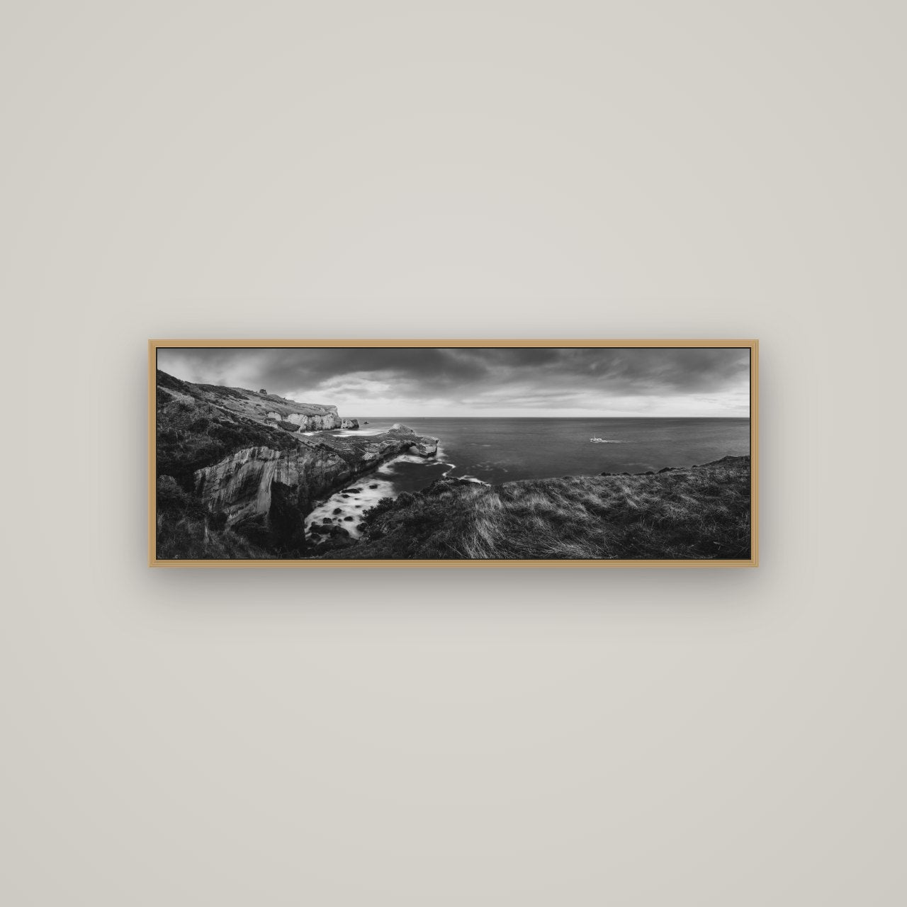 Dunedin Serenity, Tunnel Beach Sunset, Basel Natural Oak, 113×40 cm. New Zealand fine art wall art by Stephen Milner.