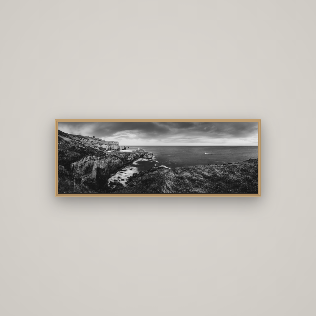 Dunedin Serenity, Tunnel Beach Sunset, Basel Natural Oak, 113×40 cm. New Zealand fine art wall art by Stephen Milner.