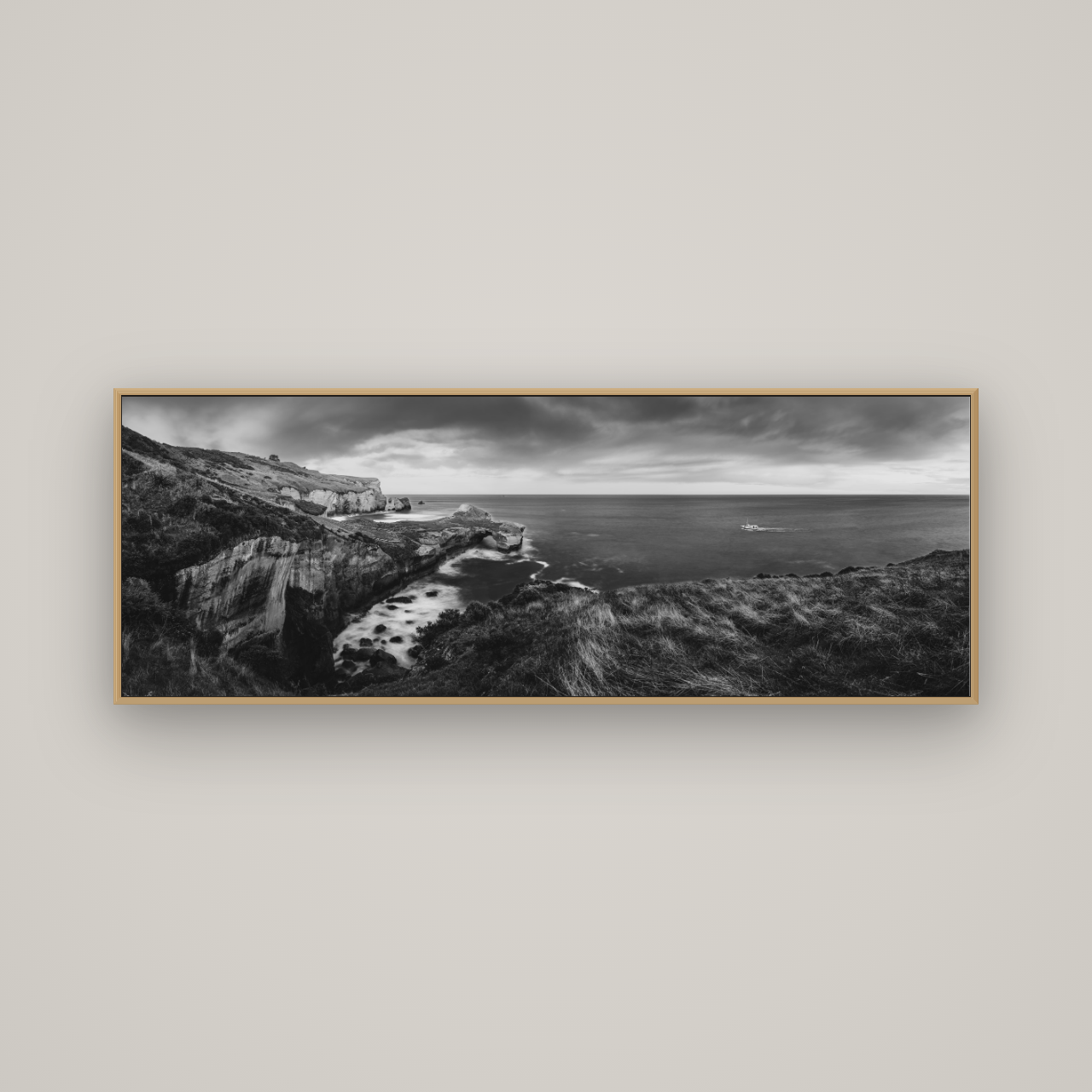 Dunedin Serenity, Tunnel Beach Sunset, Basel Natural Oak, 170×60 cm. New Zealand fine art wall art by Stephen Milner.