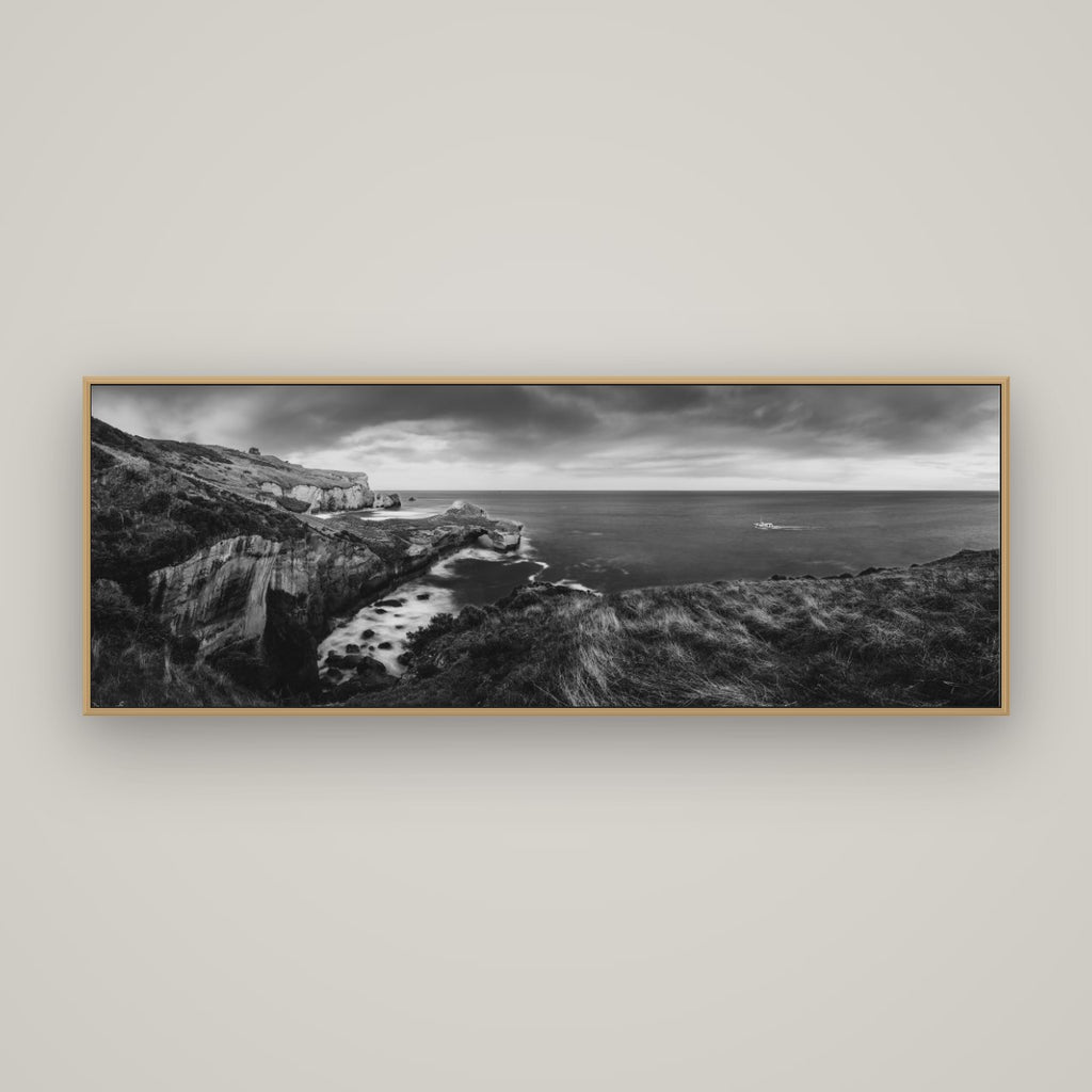 Dunedin Serenity, Tunnel Beach Sunset, Basel Natural Oak, 170×60 cm. New Zealand fine art wall art by Stephen Milner.
