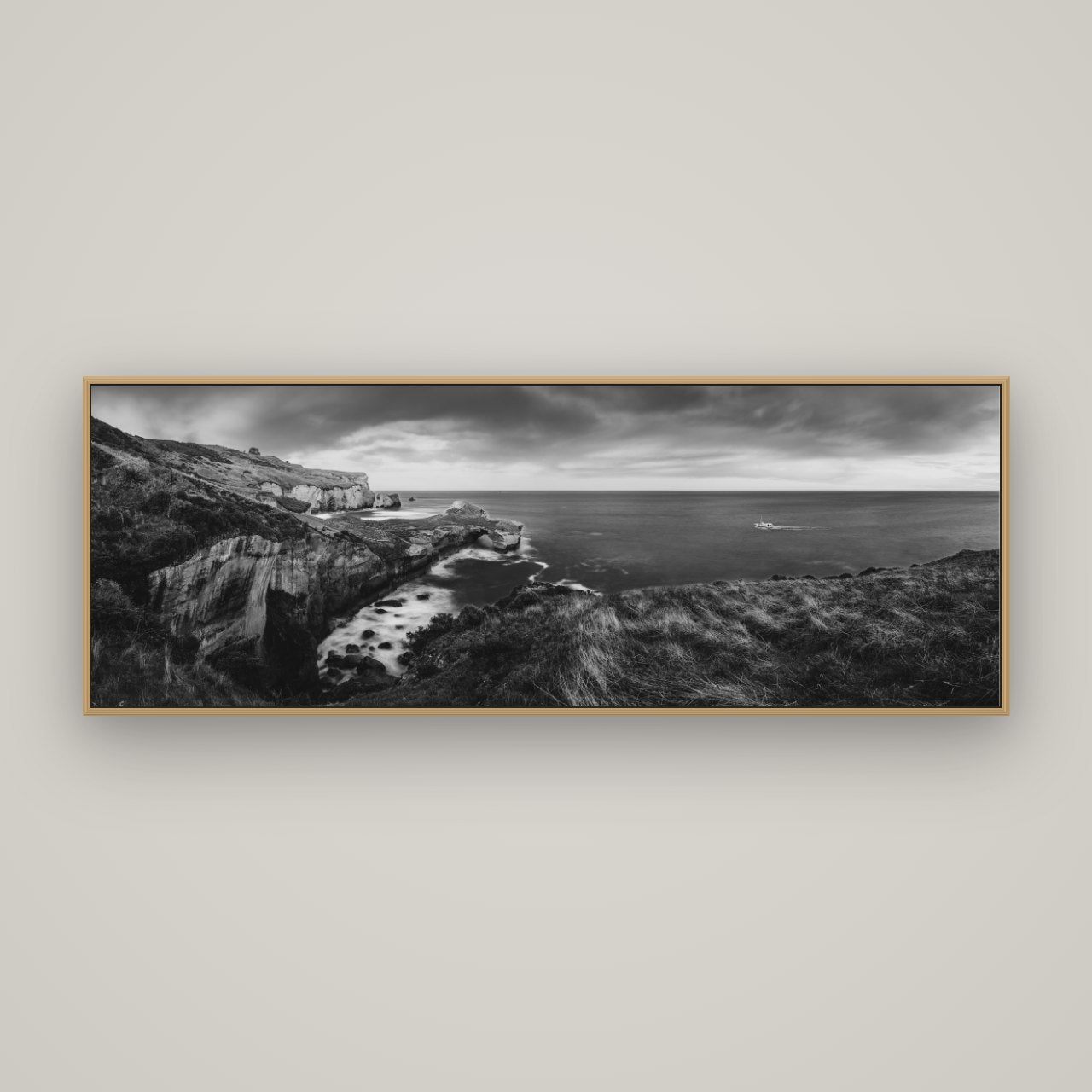 Dunedin Serenity, Tunnel Beach Sunset, Basel Natural Oak, 170×60 cm. New Zealand fine art wall art by Stephen Milner.
