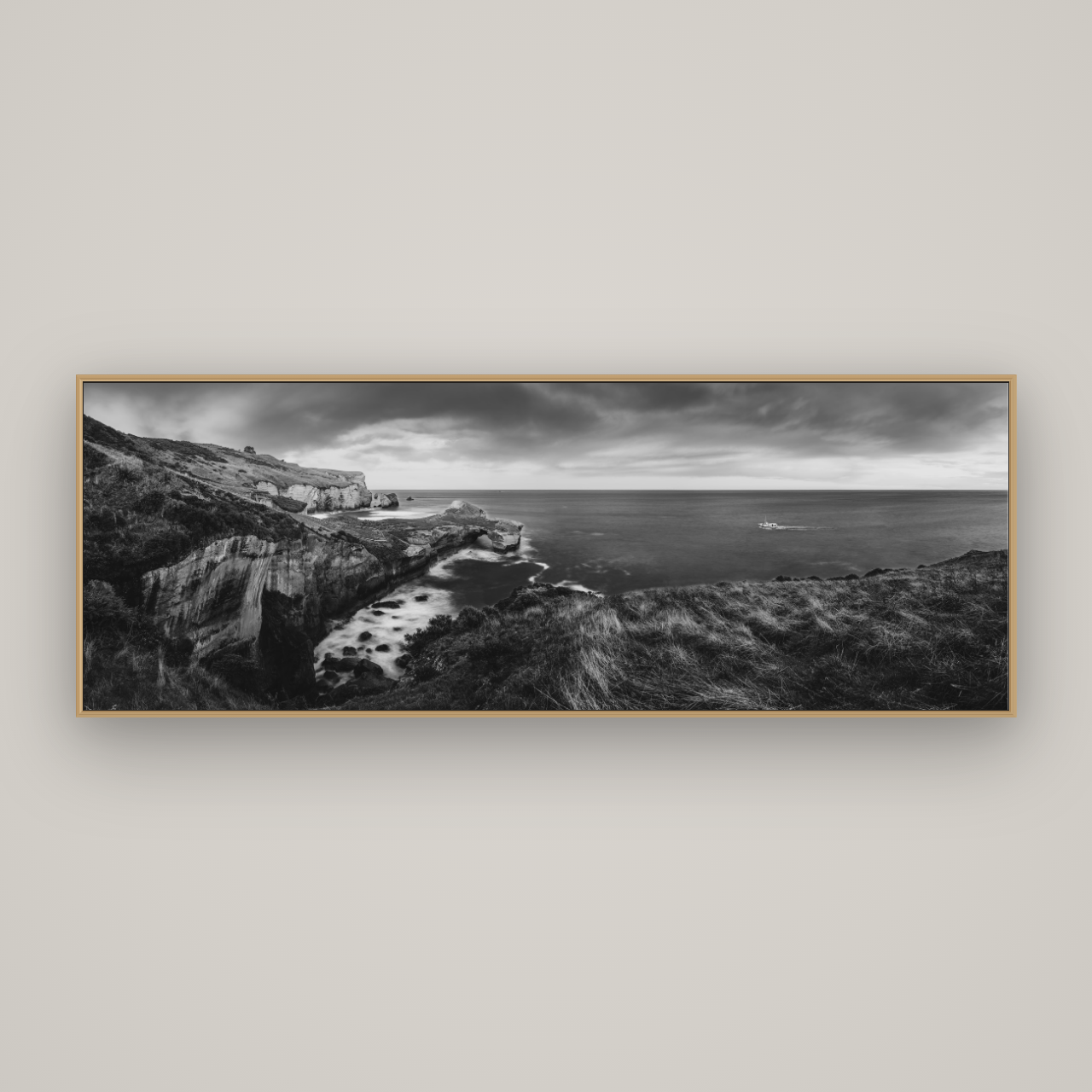 Dunedin Serenity, Tunnel Beach Sunset, Basel Natural Oak, 198×70 cm. New Zealand fine art wall art by Stephen Milner.