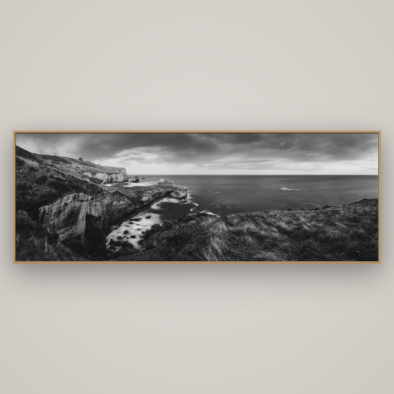 Dunedin Serenity, Tunnel Beach Sunset, Basel Natural Oak, 227×80 cm. New Zealand fine art wall art by Stephen Milner.
