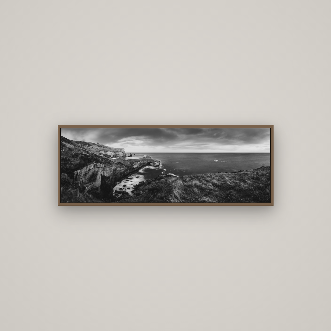 Dunedin Serenity, Tunnel Beach Sunset, Basel Walnut, 113×40 cm. New Zealand fine art wall art by Stephen Milner.