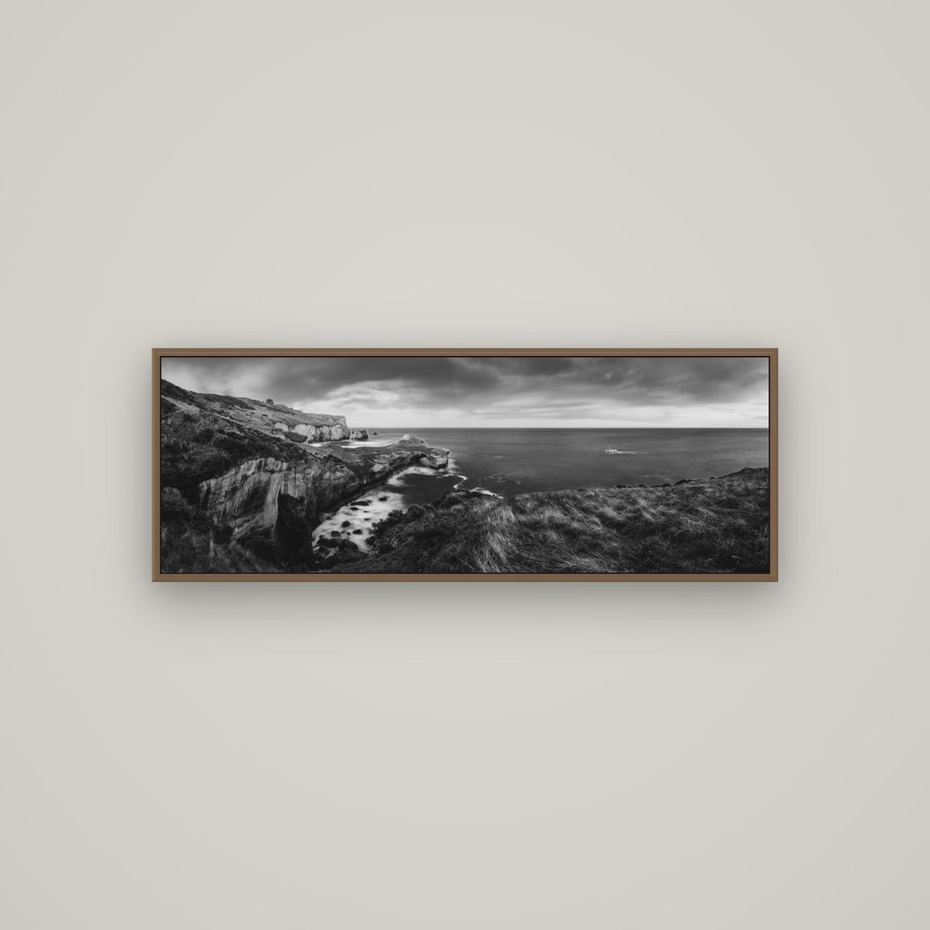 Dunedin Serenity, Tunnel Beach Sunset, Basel Walnut, 113×40 cm. New Zealand fine art wall art by Stephen Milner.