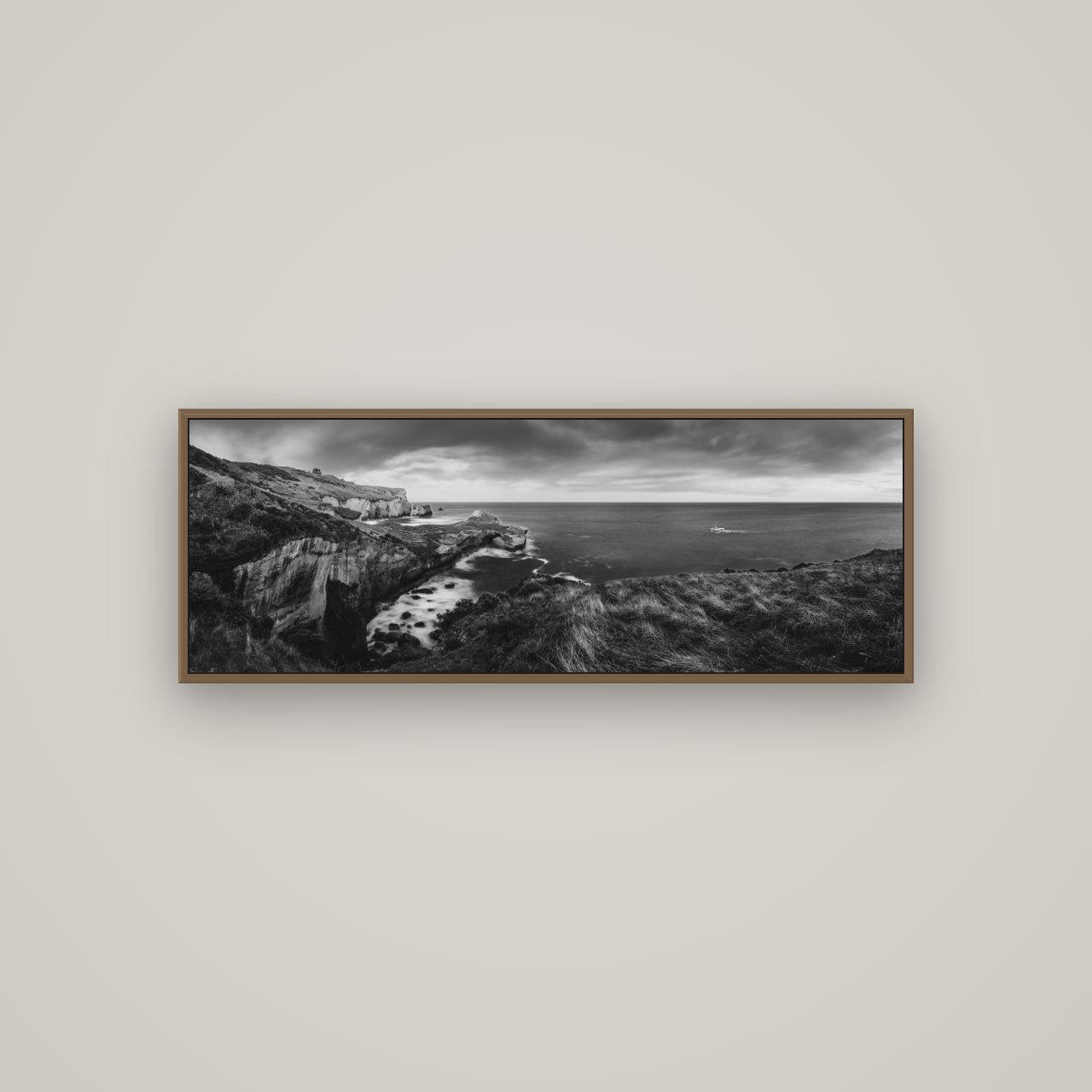 Dunedin Serenity, Tunnel Beach Sunset, Basel Walnut, 113×40 cm. New Zealand fine art wall art by Stephen Milner.
