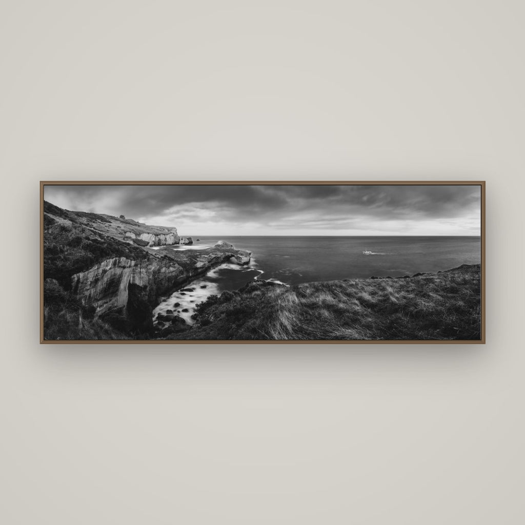 Dunedin Serenity, Tunnel Beach Sunset, Basel Walnut, 170×60 cm. New Zealand fine art wall art by Stephen Milner.