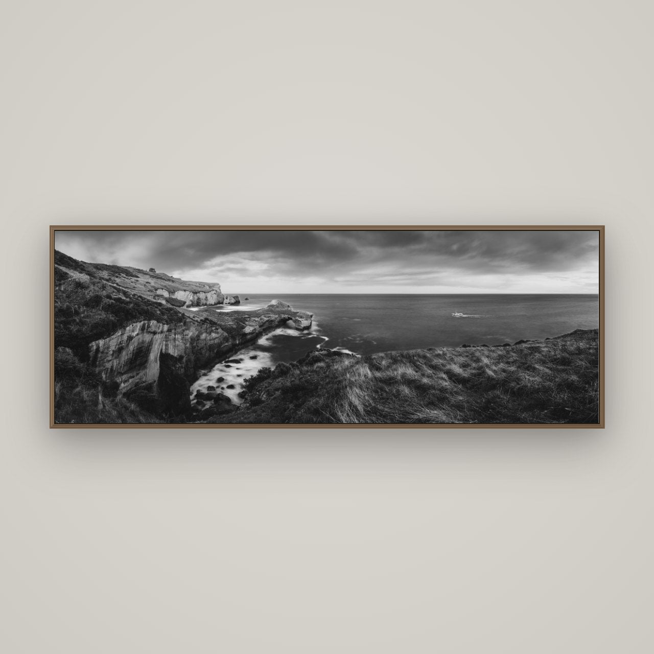 Dunedin Serenity, Tunnel Beach Sunset, Basel Walnut, 170×60 cm. New Zealand fine art wall art by Stephen Milner.