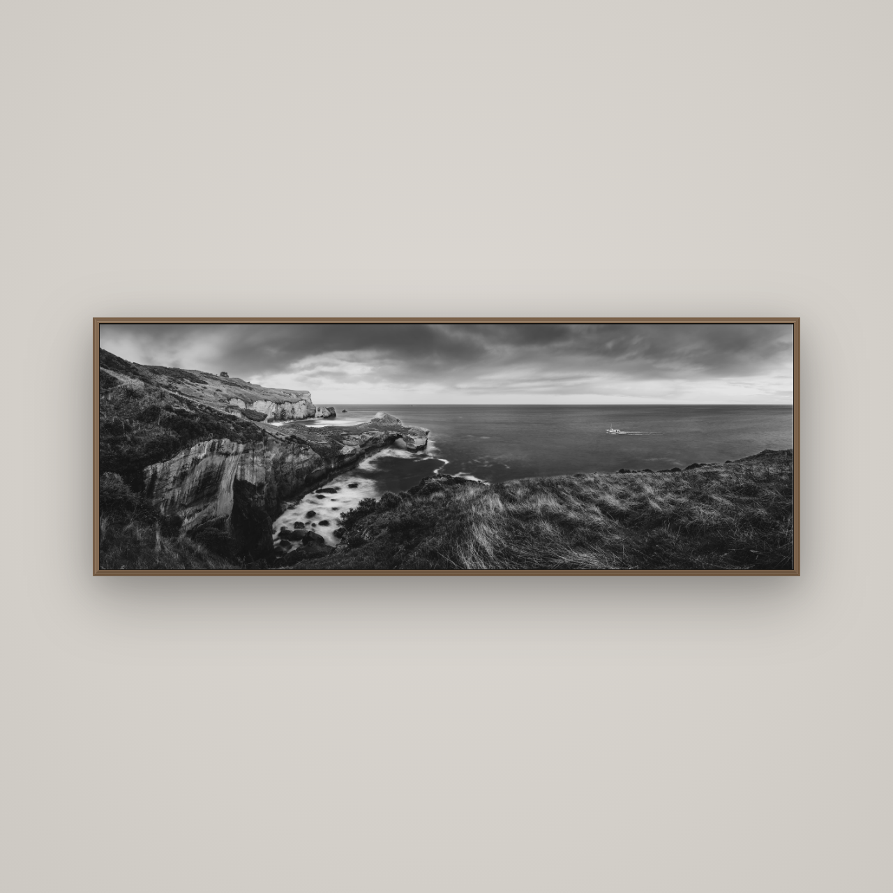 Dunedin Serenity, Tunnel Beach Sunset, Basel Walnut, 170×60 cm. New Zealand fine art wall art by Stephen Milner.