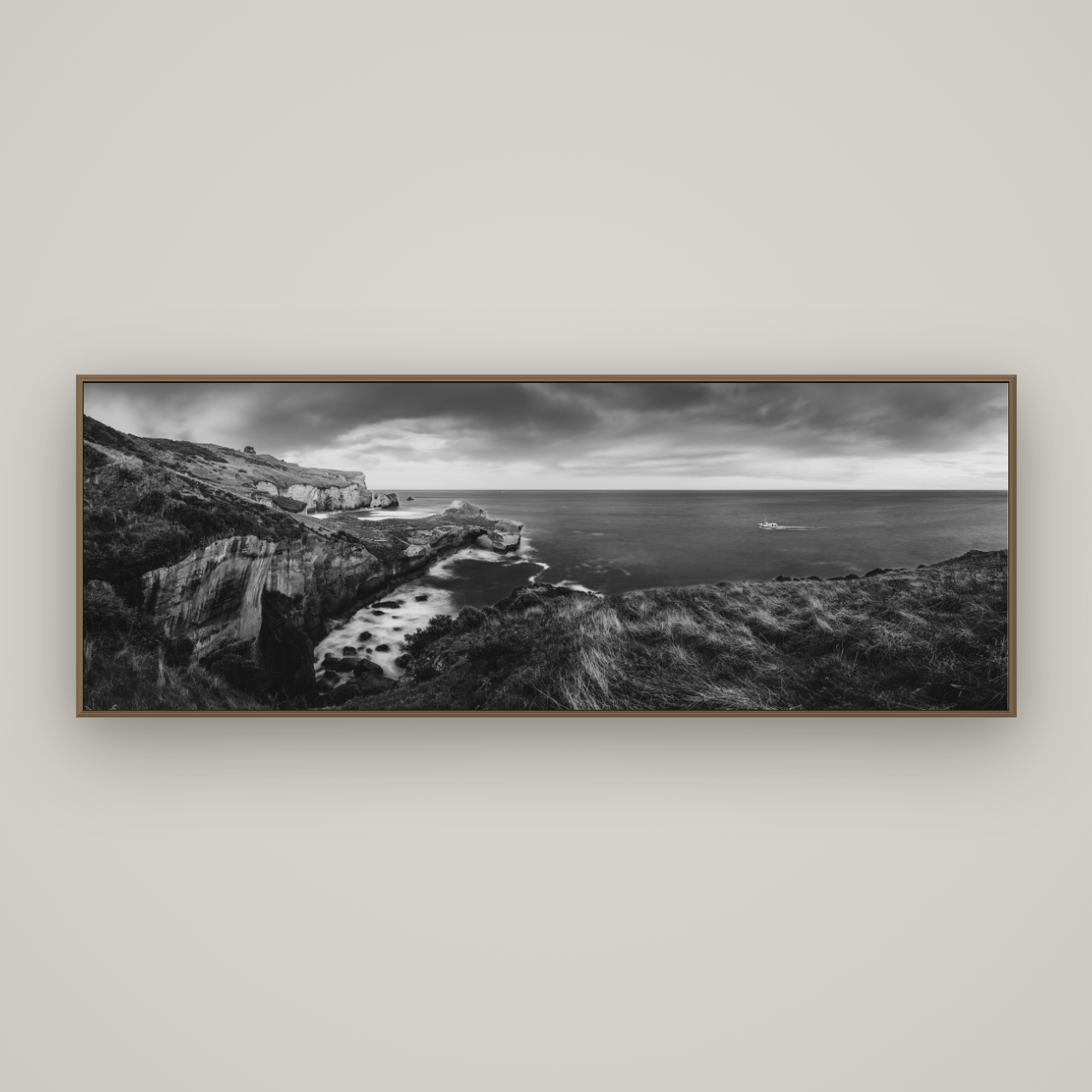 Dunedin Serenity, Tunnel Beach Sunset, Basel Walnut, 198×70 cm. New Zealand fine art wall art by Stephen Milner.