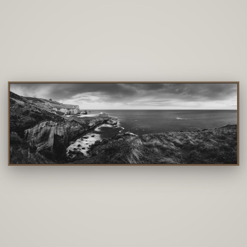 Dunedin Serenity, Tunnel Beach Sunset, Basel Walnut, 198×70 cm. New Zealand fine art wall art by Stephen Milner.