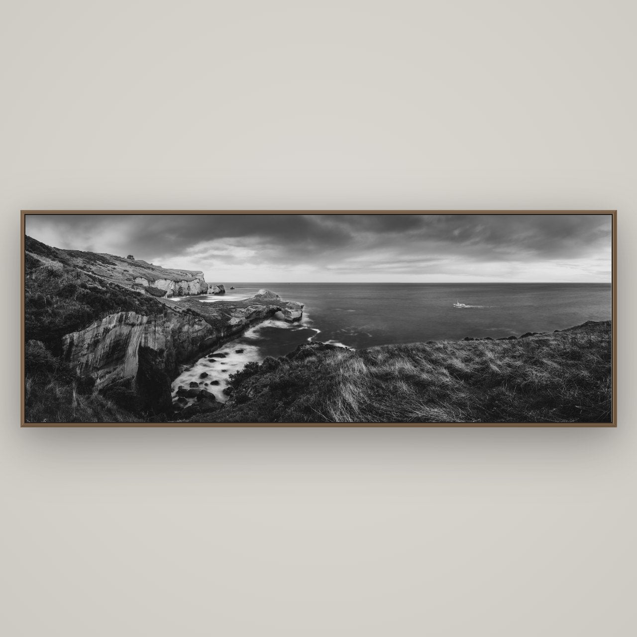 Dunedin Serenity, Tunnel Beach Sunset, Basel Walnut, 198×70 cm. New Zealand fine art wall art by Stephen Milner.