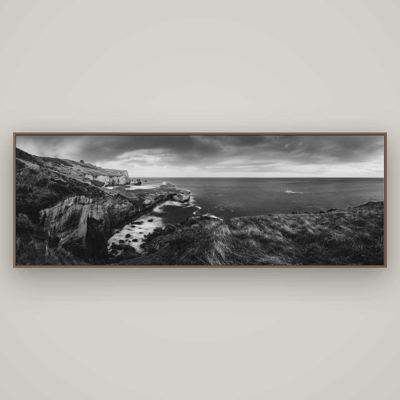 Dunedin Serenity, Tunnel Beach Sunset, Basel Walnut, 227×80 cm. New Zealand fine art wall art by Stephen Milner.