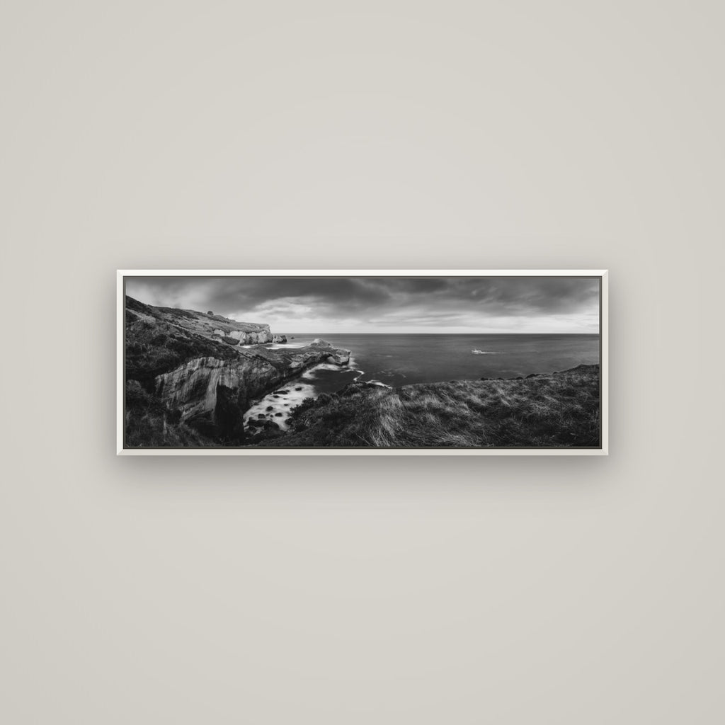 Dunedin Serenity, Tunnel Beach Sunset — Basel White, 113×40 cm. New Zealand fine art wall art by Stephen Milner.