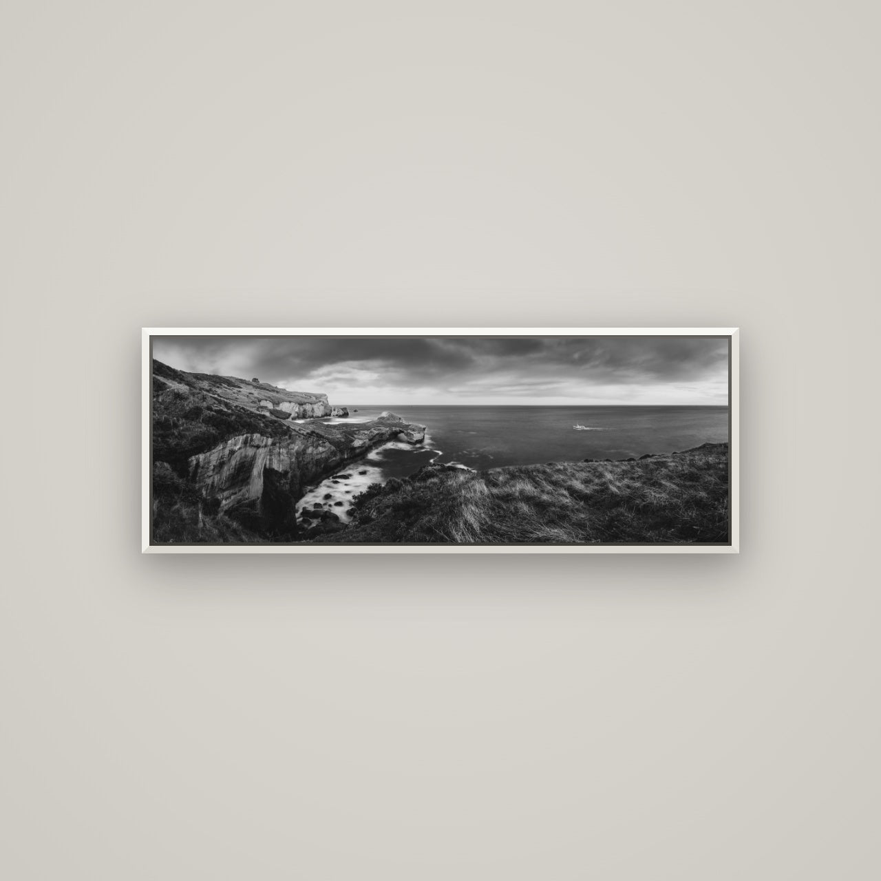 Dunedin Serenity, Tunnel Beach Sunset — Basel White, 113×40 cm. New Zealand fine art wall art by Stephen Milner.