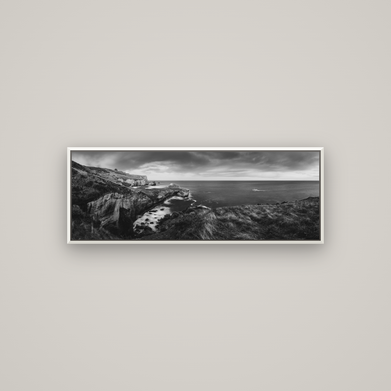 Dunedin Serenity, Tunnel Beach Sunset — Basel White, 113×40 cm. New Zealand fine art wall art by Stephen Milner.