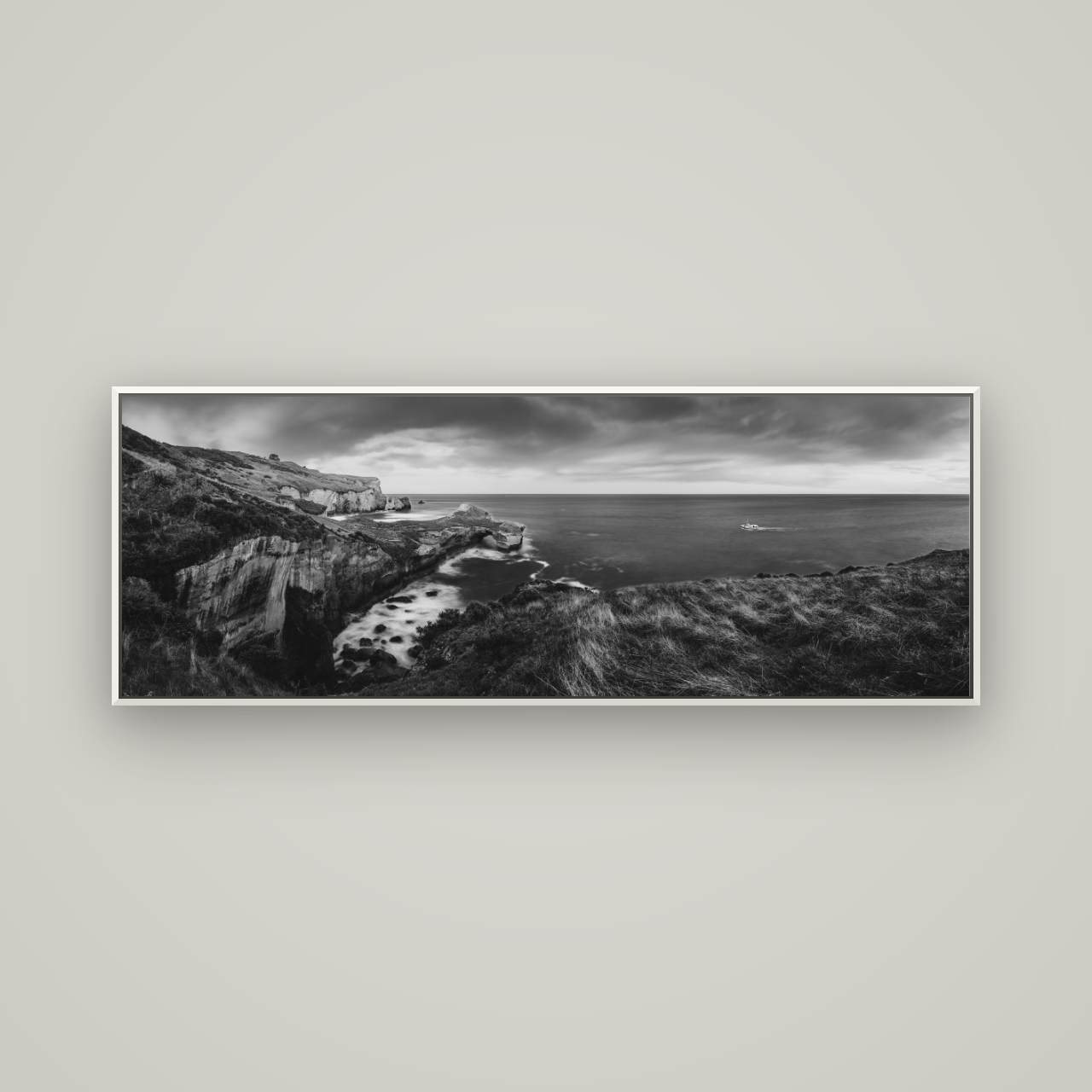Dunedin Serenity, Tunnel Beach Sunset — Basel White, 170×60 cm. New Zealand fine art wall art by Stephen Milner.