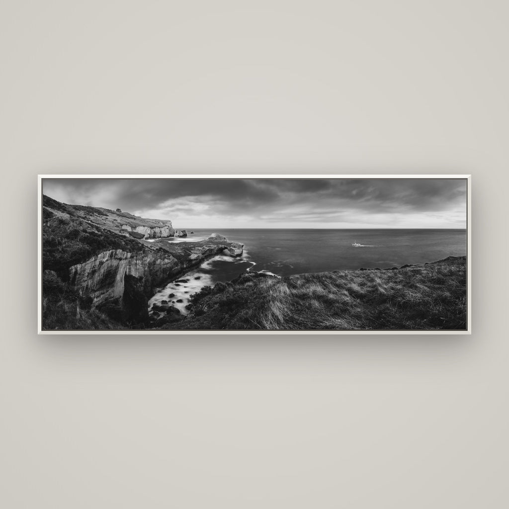 Dunedin Serenity, Tunnel Beach Sunset — Basel White, 170×60 cm. New Zealand fine art wall art by Stephen Milner.