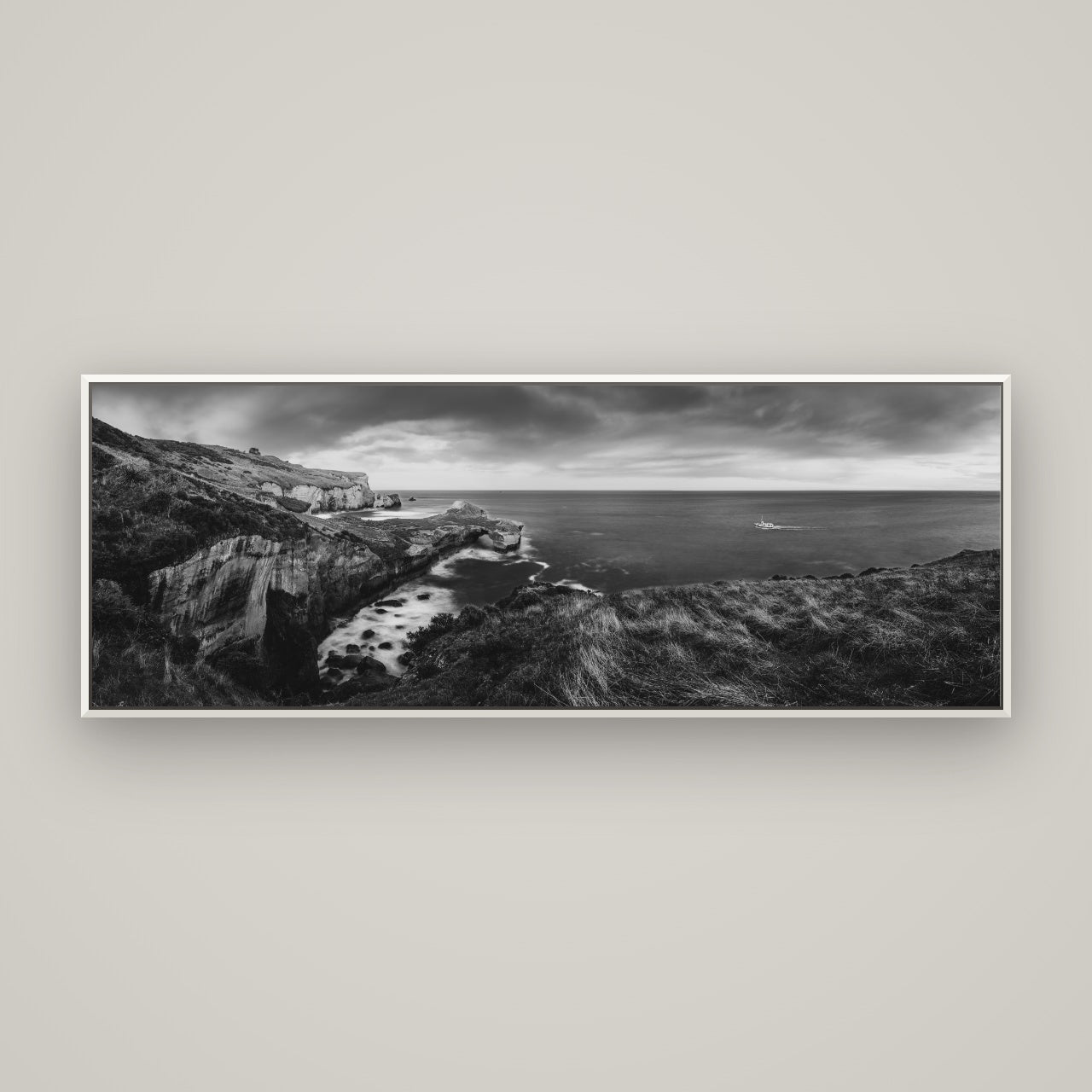 Dunedin Serenity, Tunnel Beach Sunset — Basel White, 170×60 cm. New Zealand fine art wall art by Stephen Milner.