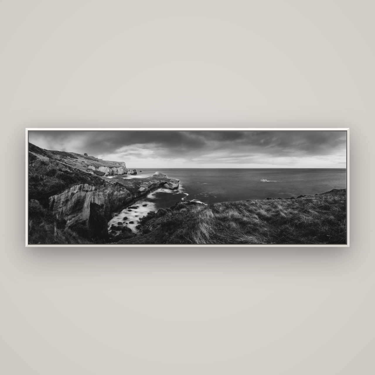 Dunedin Serenity, Tunnel Beach Sunset — Basel White, 198×70 cm. New Zealand fine art wall art by Stephen Milner.
