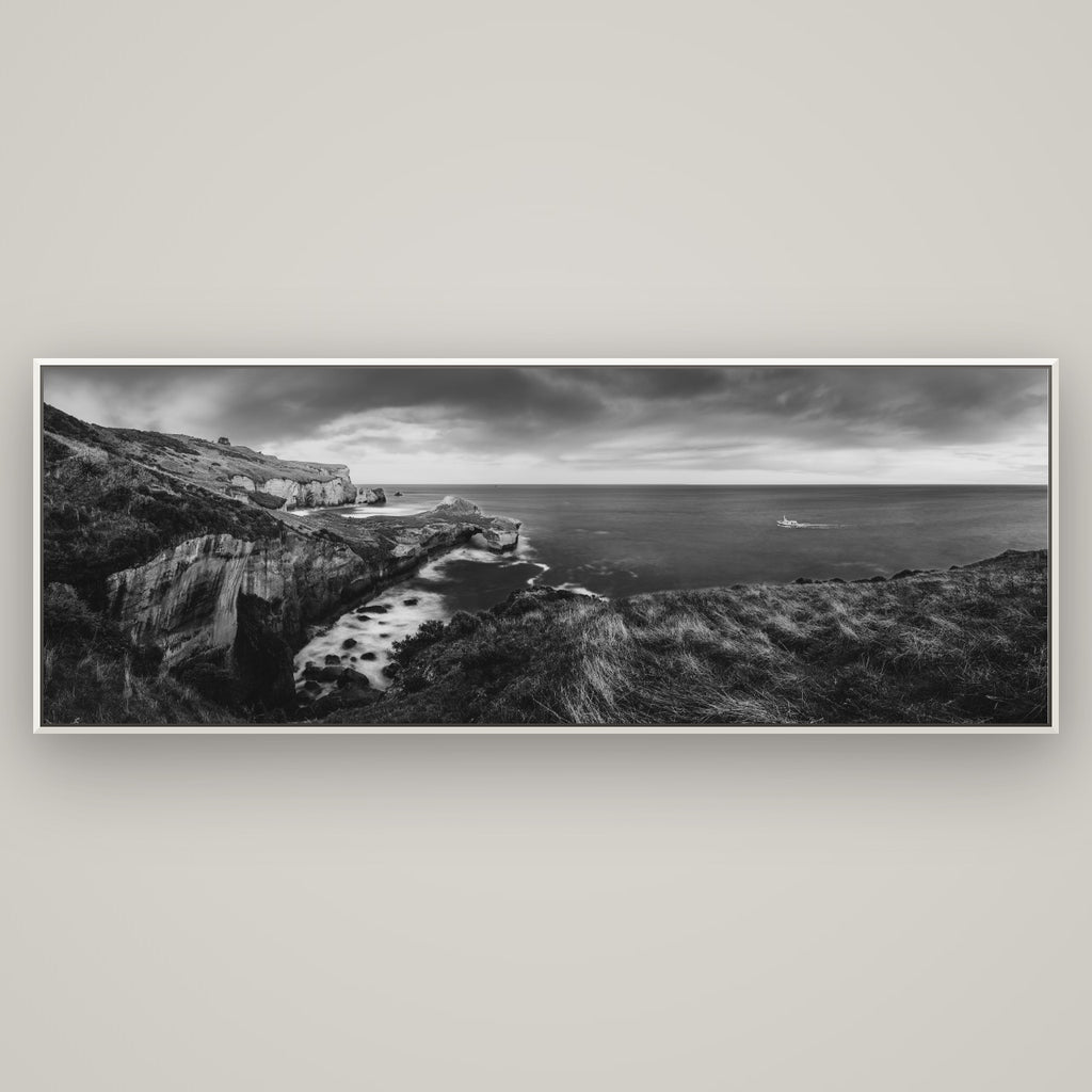 Dunedin Serenity, Tunnel Beach Sunset — Basel White, 198×70 cm. New Zealand fine art wall art by Stephen Milner.
