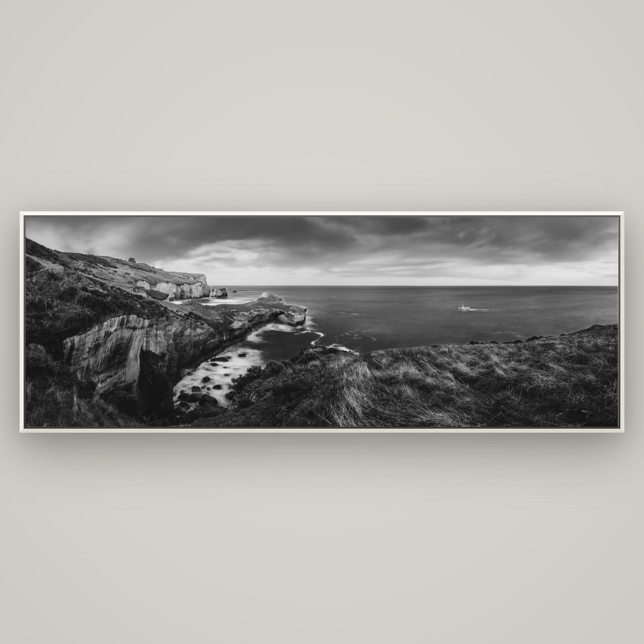 Dunedin Serenity, Tunnel Beach Sunset — Basel White, 198×70 cm. New Zealand fine art wall art by Stephen Milner.
