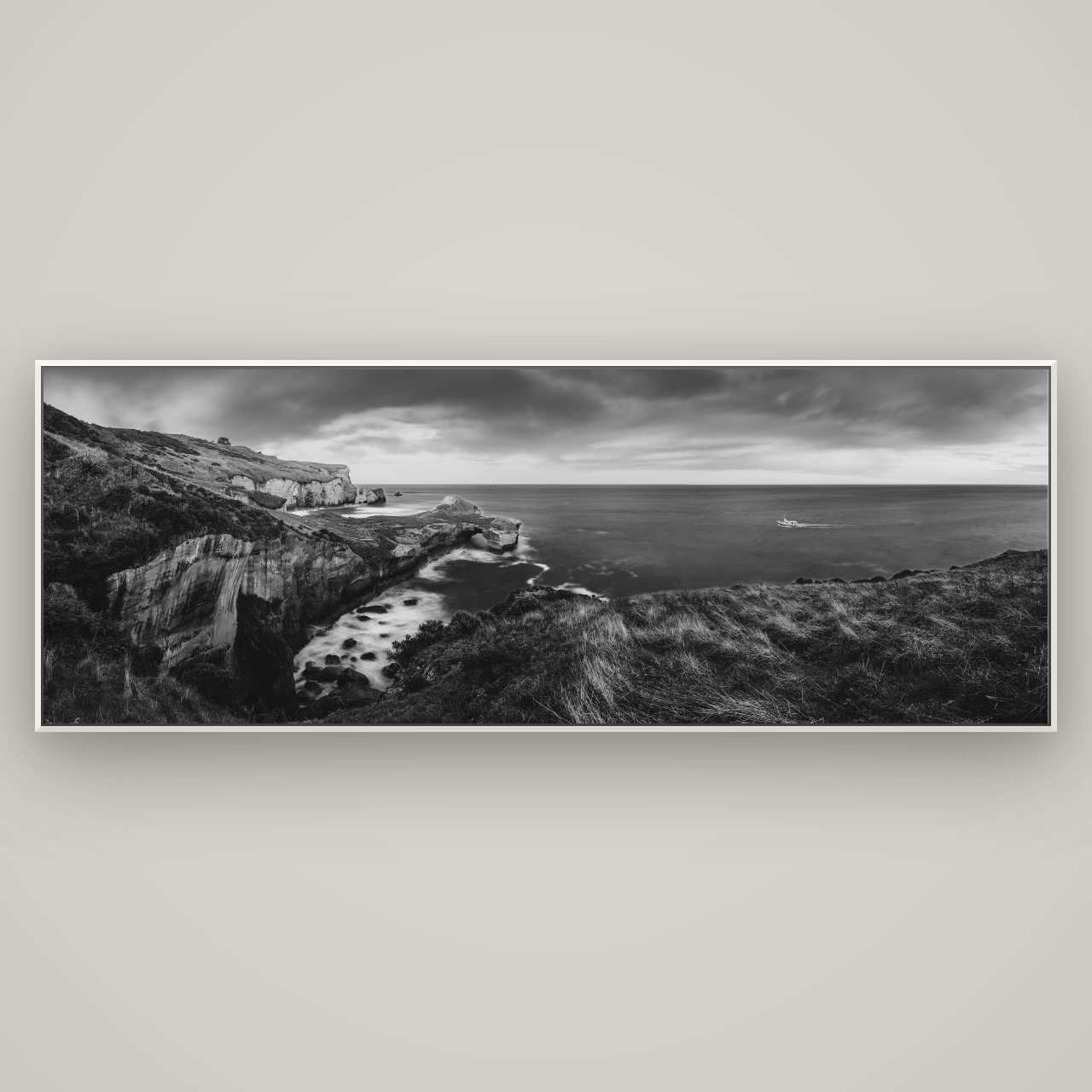 Dunedin Serenity, Tunnel Beach Sunset — Basel White, 227×80 cm. New Zealand fine art wall art by Stephen Milner.