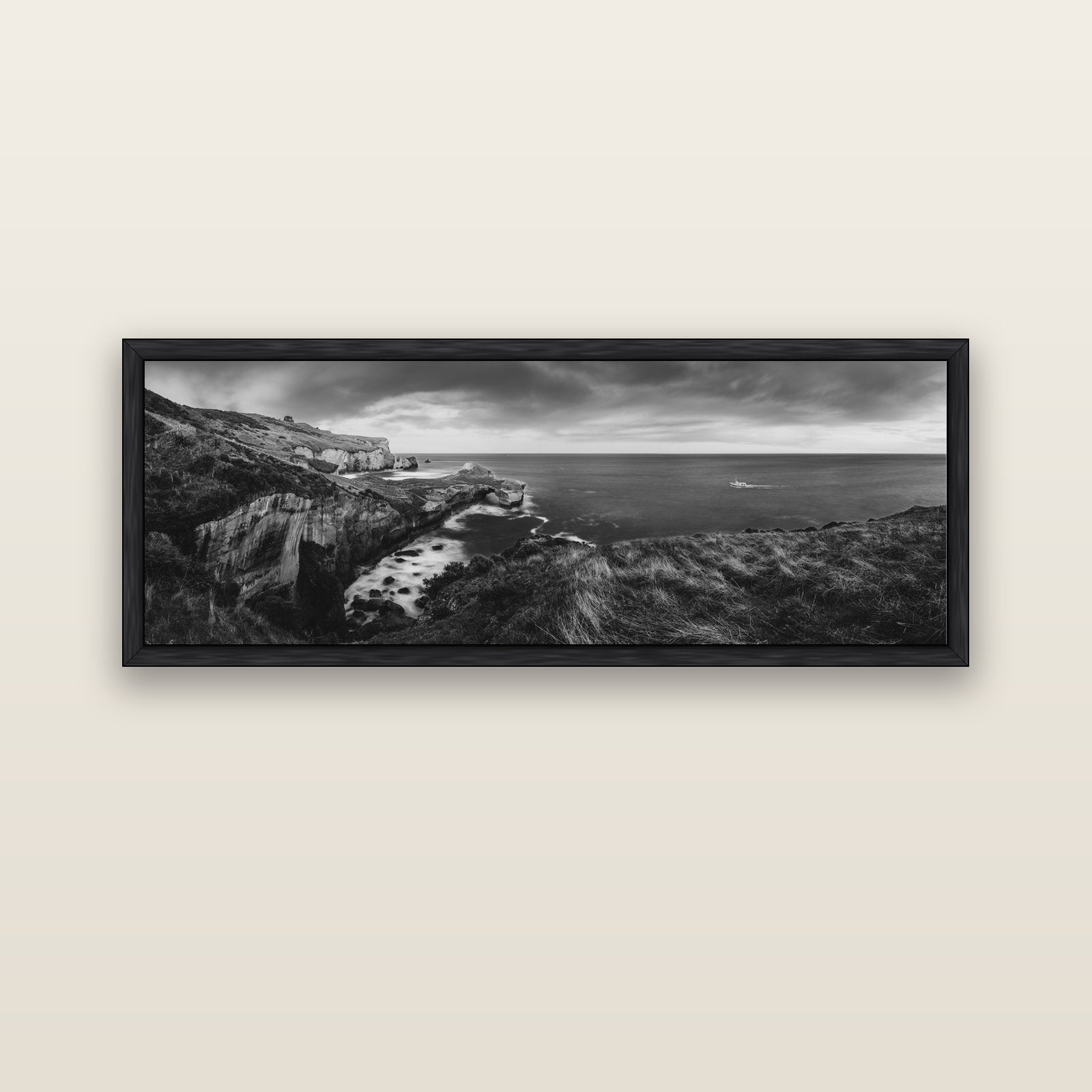 Dunedin Serenity, Tunnel Beach Sunset — black float frame canvas, 152 × 56 cm. New Zealand fine art landscape wall art by Stephen Milner.
