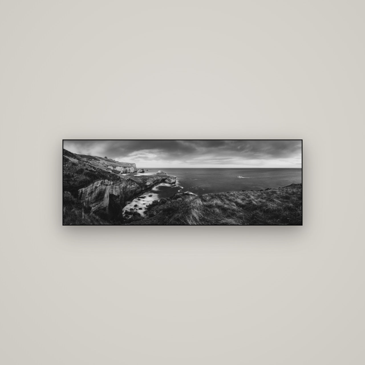 Dunedin Serenity, Tunnel Beach Sunset — Slimline Black, 113×40 cm. New Zealand fine art wall art by Stephen Milner.