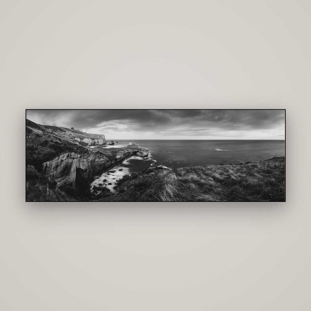 Dunedin Serenity, Tunnel Beach Sunset — Slimline Black, 170×60 cm. New Zealand fine art wall art by Stephen Milner.