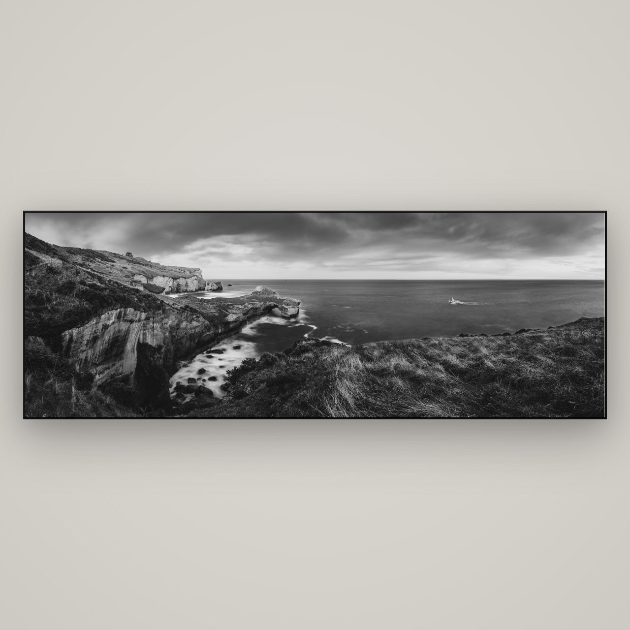 Dunedin Serenity, Tunnel Beach Sunset — Slimline Black, 198×70 cm. New Zealand fine art wall art by Stephen Milner.