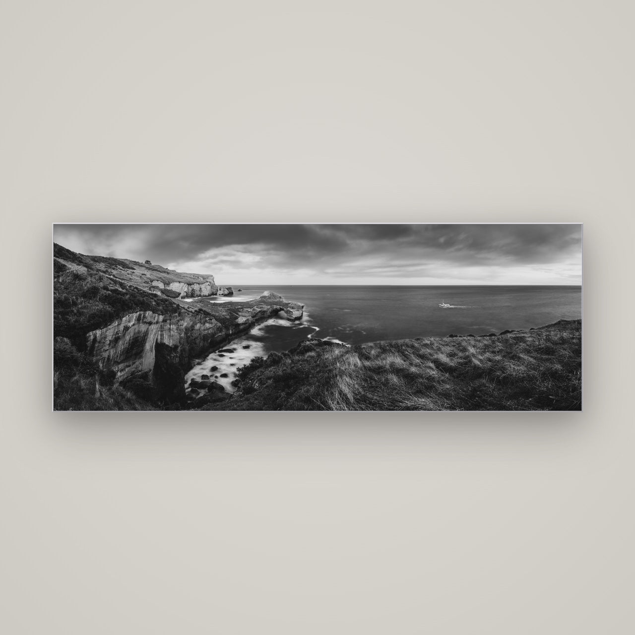 Dunedin Serenity, Tunnel Beach Sunset — Slimline Silver, 170×60 cm. New Zealand fine art wall art by Stephen Milner.