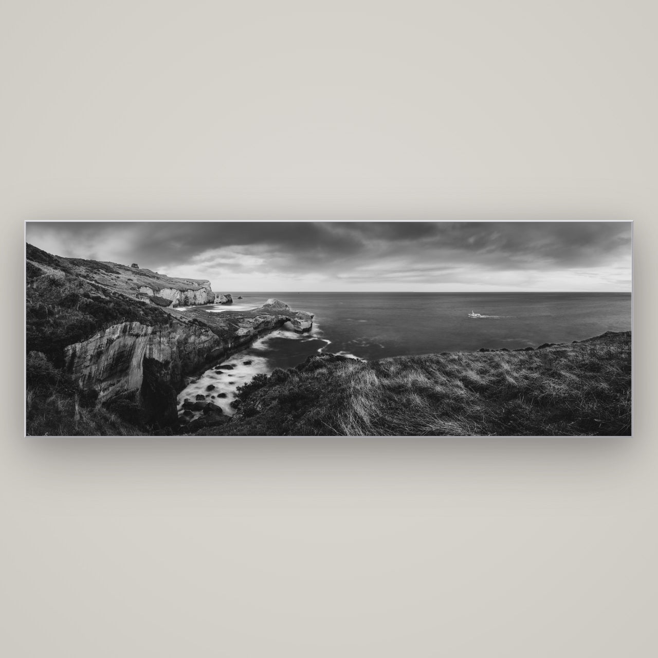 Dunedin Serenity, Tunnel Beach Sunset — Slimline Silver, 198×70 cm. New Zealand fine art wall art by Stephen Milner.